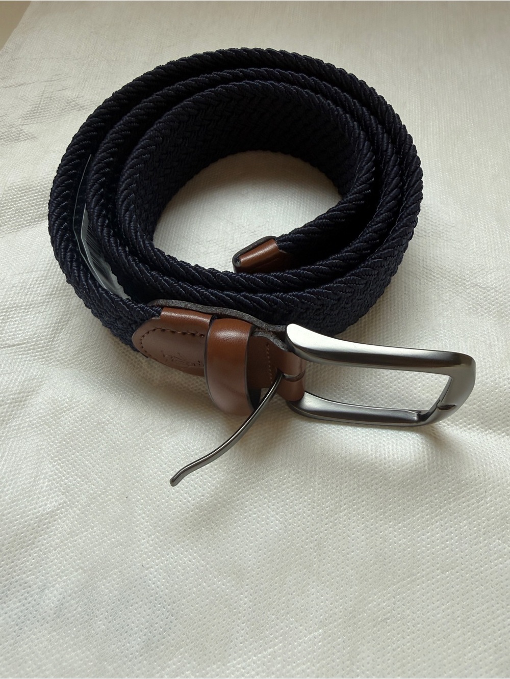 Original Penguin Men’s Navy Woven Belt with Brown Leather Trim